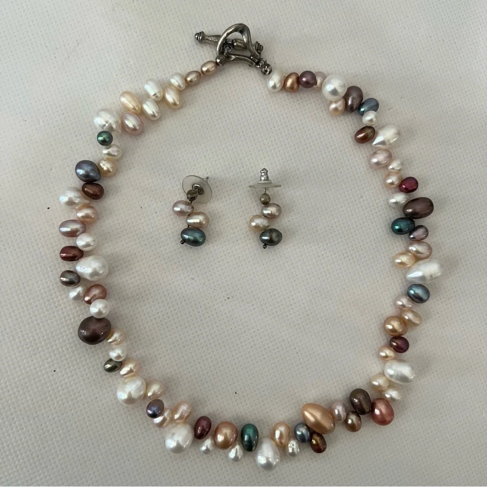 Beautiful Colorful Pearls Necklace & Earrings Set 925 Clasp